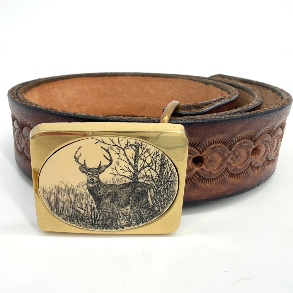 Vintage Barlow Whitetail Deer Solid Brass Deer Buckle Leather Belt USA Made 1983